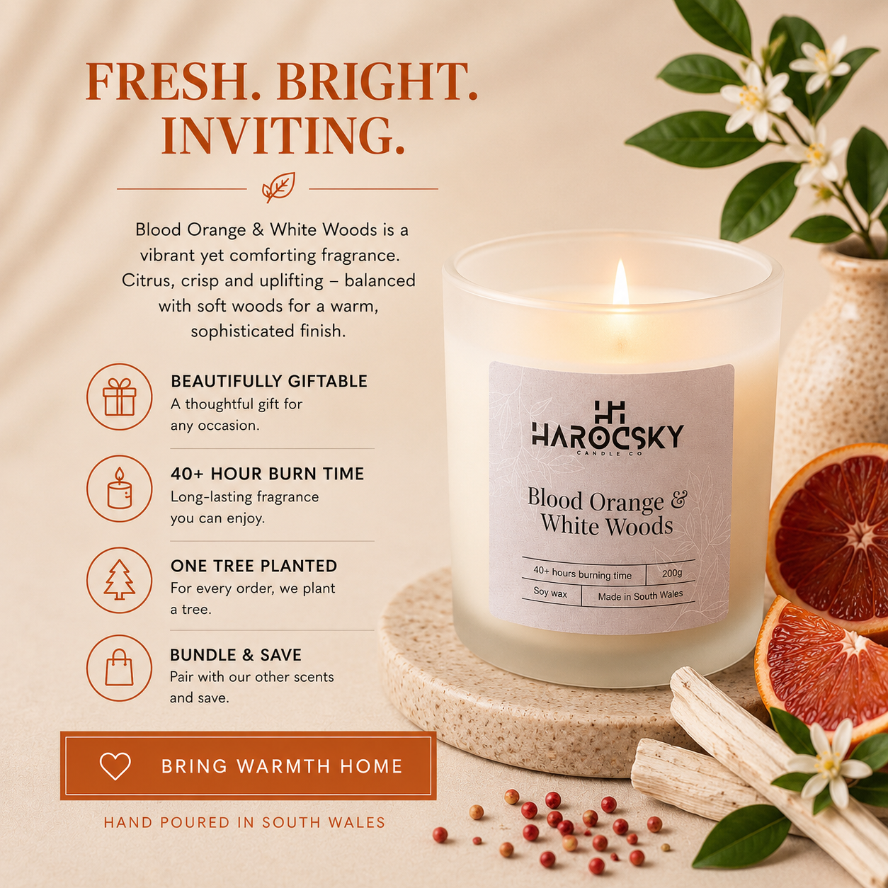 Blood Orange & White Woods Soy Wax Candle