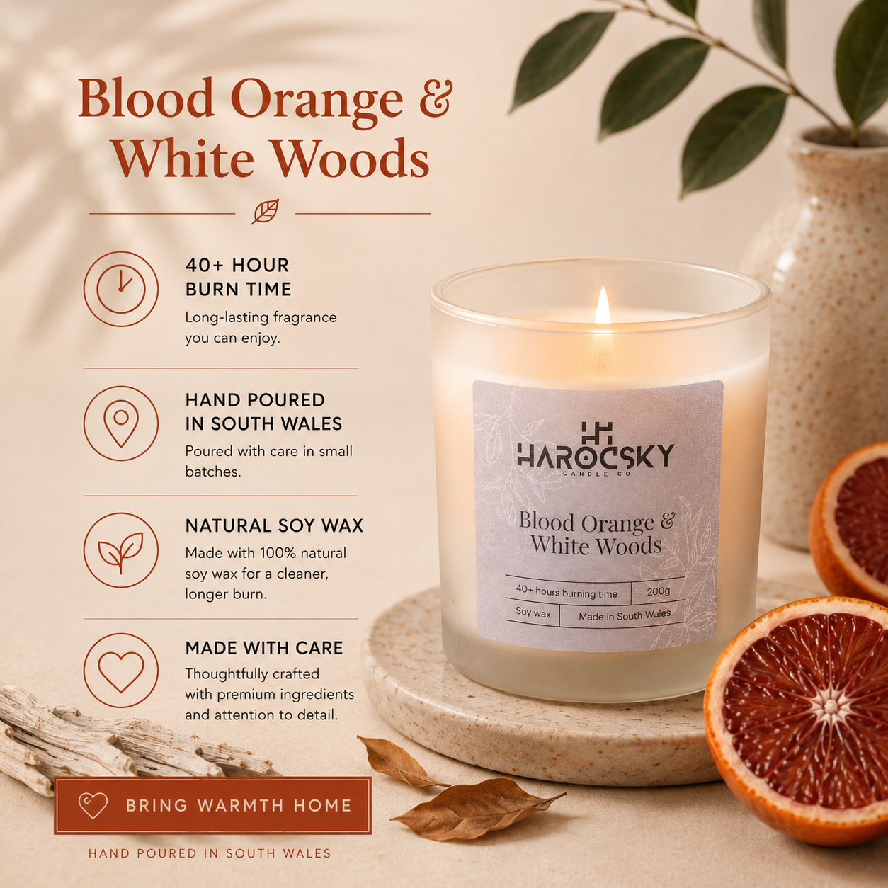 Blood Orange & White Woods Soy Wax Candle