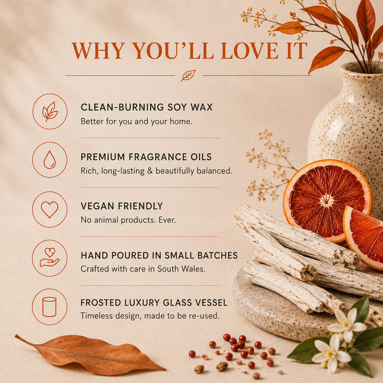 Blood Orange & White Woods Soy Wax Candle